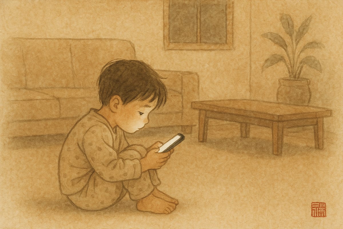 어두운 방에서 스마트폰 불빛에 잠긴 아이