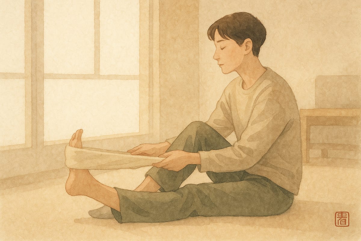 창가에 앉아 수건을 발에 걸고 종아리를 천천히 늘이는 사람