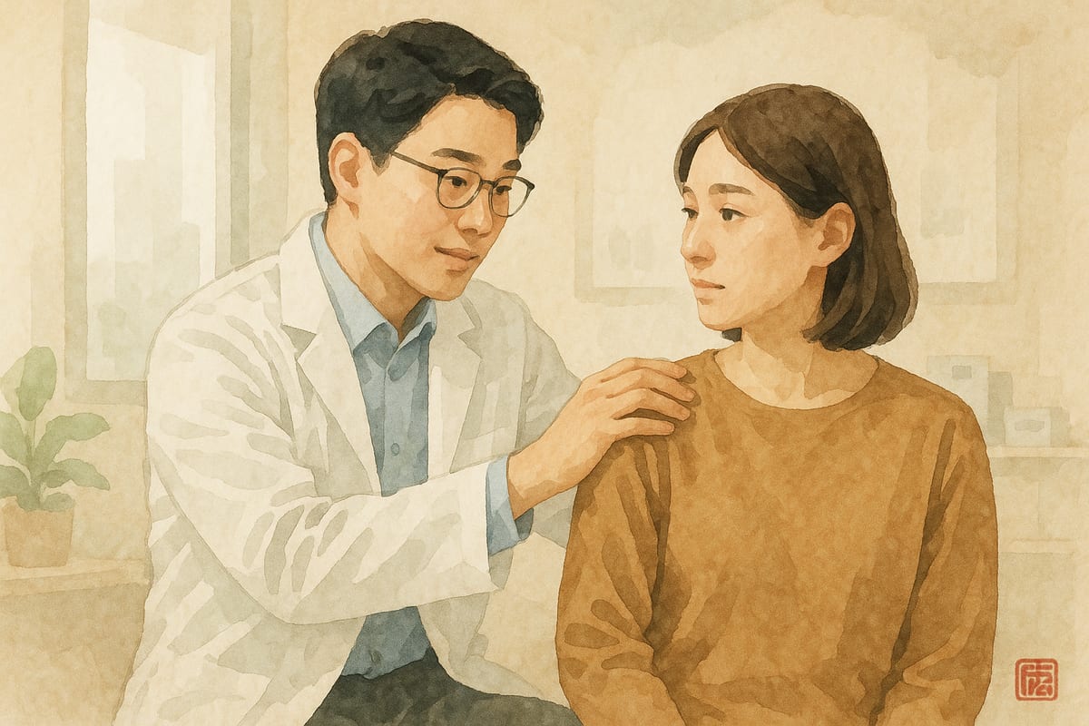 밝은 진료실에서 환자의 어깨를 살피는 한의사
