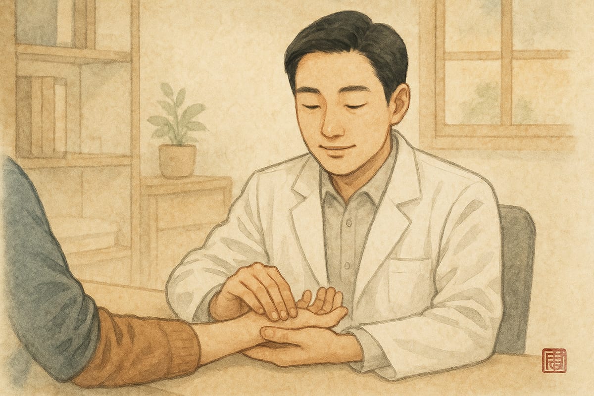 밝은 진료실에서 환자의 맥을 짚으며 여름 컨디션을 살피는 한의사